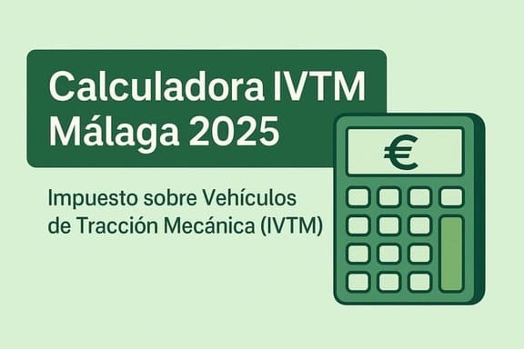 Imagen de portada de la Calculadora IVTM Málaga 2025 con una ilustración de una calculadora y el símbolo del euro sobre fondo verde.