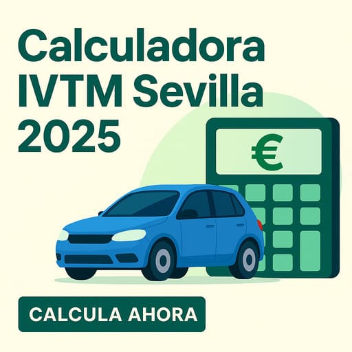 Calculadora IVTM Sevilla 2025 con coche azul y botón Calcular Ahora sobre fondo verde claro