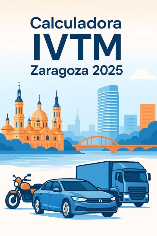Portada ilustrada de la Calculadora IVTM Zaragoza 2025 con vehículos frente a la Basílica del Pilar y el skyline de la ciudad.