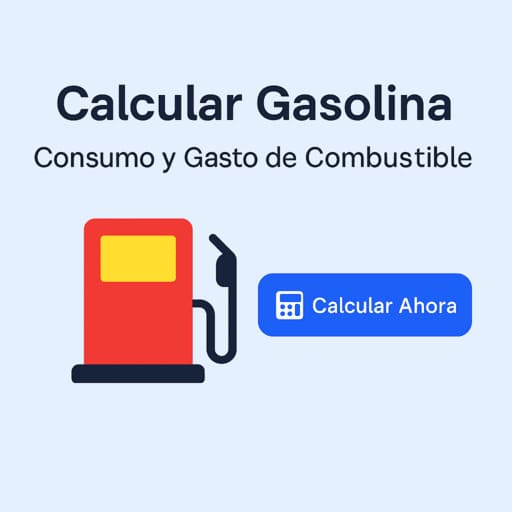 Banner con el texto "Calcular Gasolina - Consumo y Gasto de Combustible", con icono de surtidor y botón azul de calcular.