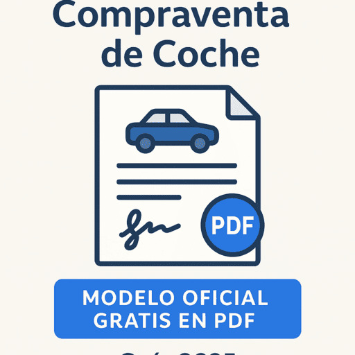 Ilustración con icono de contrato y coche, destacando el modelo oficial de contrato de compraventa de coche en PDF gratuito para 2025