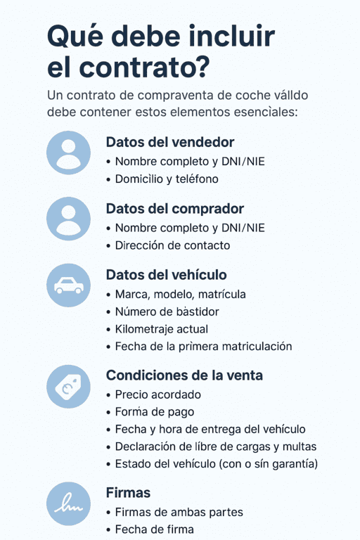 Infografía en español que muestra los elementos esenciales de un contrato de compraventa de coche entre particulares en 2025