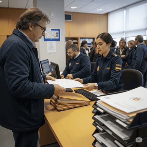 Hombre realizando la transferencia de un vehículo en una oficina de la Dirección General de Tráfico (DGT) en España.