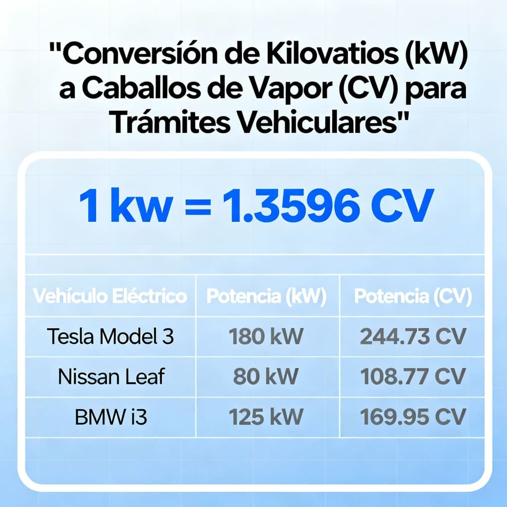 Calculadora conversión kilovatios a caballos de vapor para trámites vehiculares con fórmula y tabla comparativa de potencias de vehículos eléctricos.