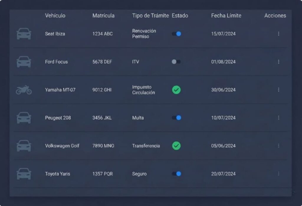 Captura de pantalla de un panel de control oscuro con una tabla de gestión de trámites de vehículos. La tabla muestra filas con iconos de coches y motos, matrículas, tipos de trámite (Renovación Permiso, ITV, Impuesto Circulación, Multa, Transferencia, Seguro), estado con interruptores o checks verdes, y fechas límite.