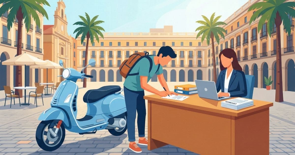 Renting de motos en España con moto urbana y persona revisando contrato y trámites.