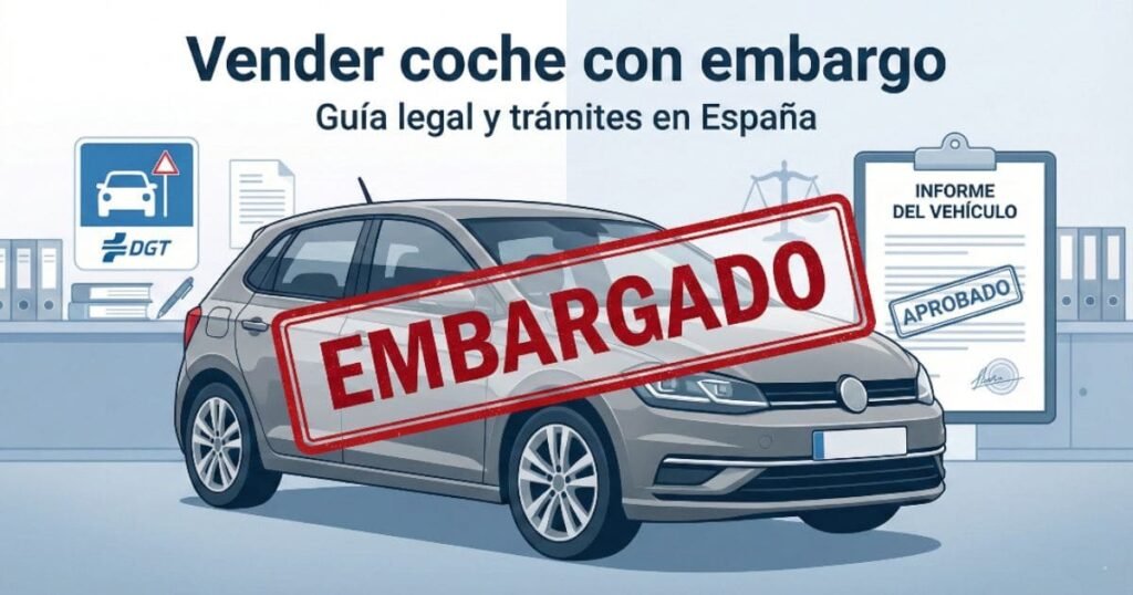 Ilustración de un coche con sello de embargado y documentos de trámites DGT para vender coche con embargo en España